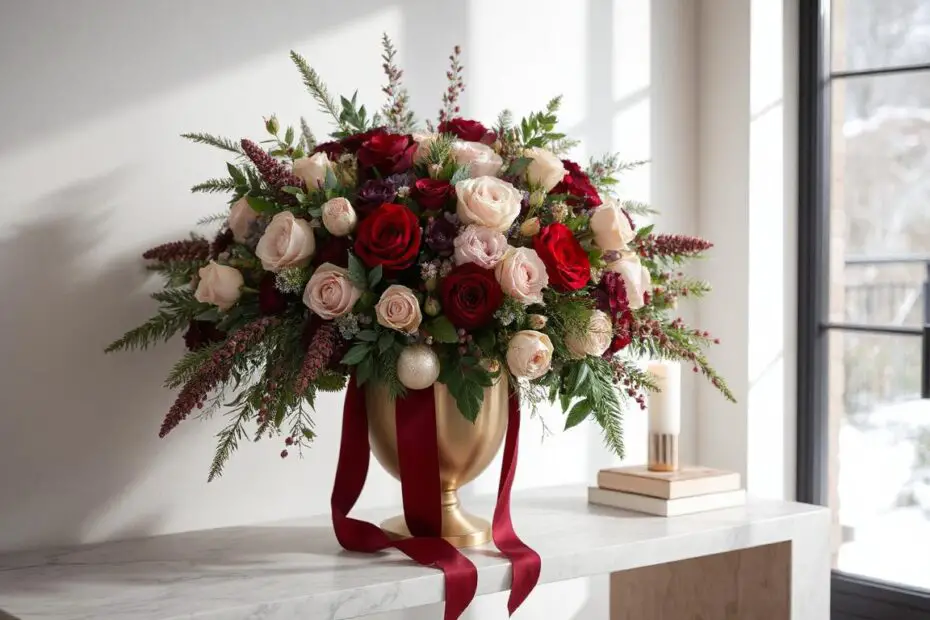 A modern winter floral arrangement in a gold urn sits on a minimalist marble console, filled with jewel-tone blooms, winter greenery, red berries, and frosted accents. Soft window light and warm decor create a sophisticated, festive atmosphere.