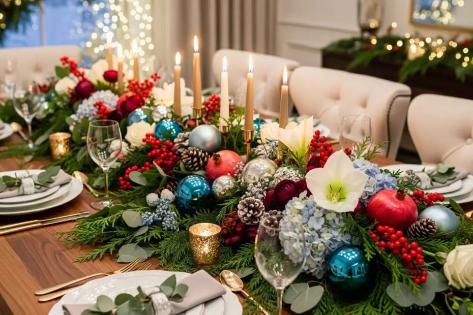A lush, colorful winter dining table centerpiece stretching along a dark wood table, overflowing with emerald evergreens, cedar, eucalyptus, ruby red berries, pomegranates, icy blue ornaments, white amaryllis, roses, burgundy florals, and gold-tipped pinecones, with mixed-height brass taper candles glowing warmly around the arrangement; set in a modern luxe dining room with cream chairs and soft ambient winter lighting.
