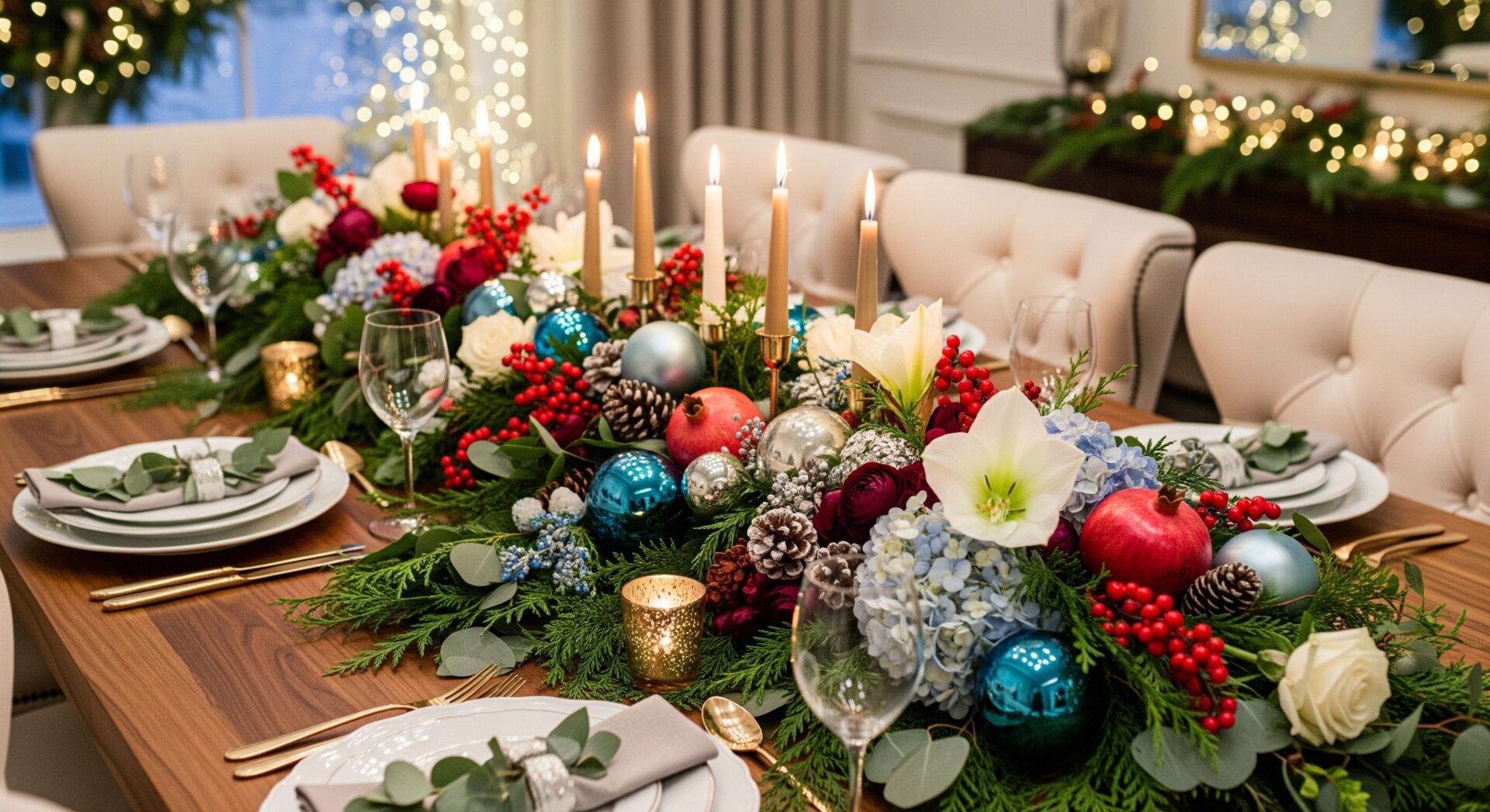 A lush, colorful winter dining table centerpiece stretching along a dark wood table, overflowing with emerald evergreens, cedar, eucalyptus, ruby red berries, pomegranates, icy blue ornaments, white amaryllis, roses, burgundy florals, and gold-tipped pinecones, with mixed-height brass taper candles glowing warmly around the arrangement; set in a modern luxe dining room with cream chairs and soft ambient winter lighting.