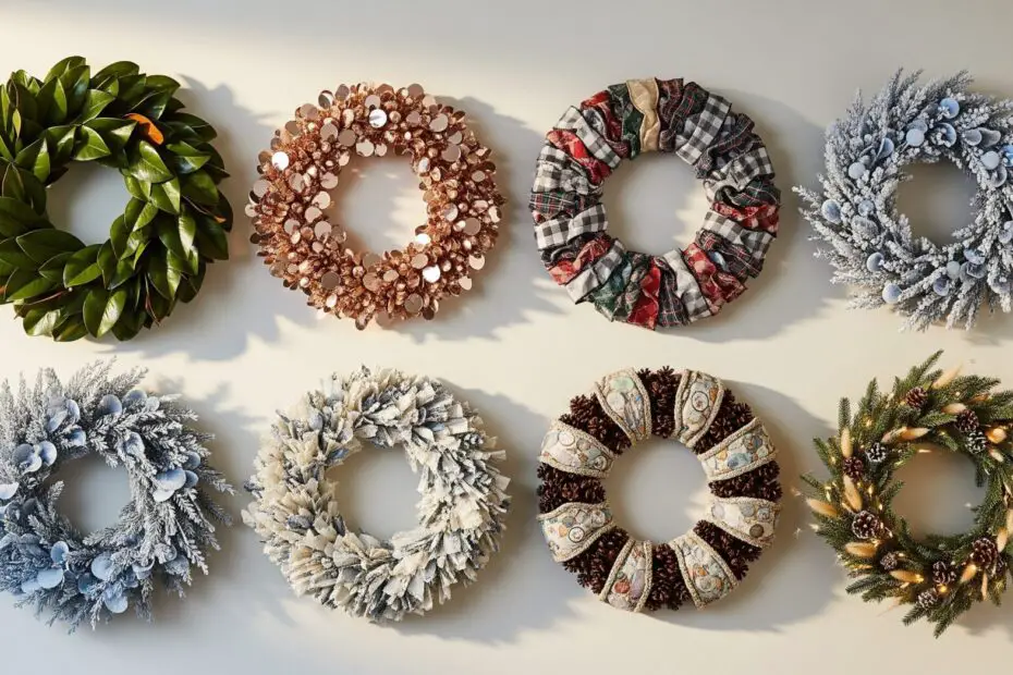Curated gallery-style display of seven Christmas and winter wreaths—metallic, tartan, frosted, heirloom fabric, oversized greenery, modular, and mixed-medium—arranged on a matte warm-limestone wall in a clean, high-end editorial layout.