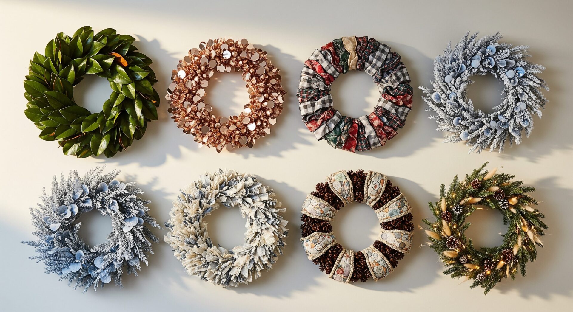 Curated gallery-style display of seven Christmas and winter wreaths—metallic, tartan, frosted, heirloom fabric, oversized greenery, modular, and mixed-medium—arranged on a matte warm-limestone wall in a clean, high-end editorial layout.
