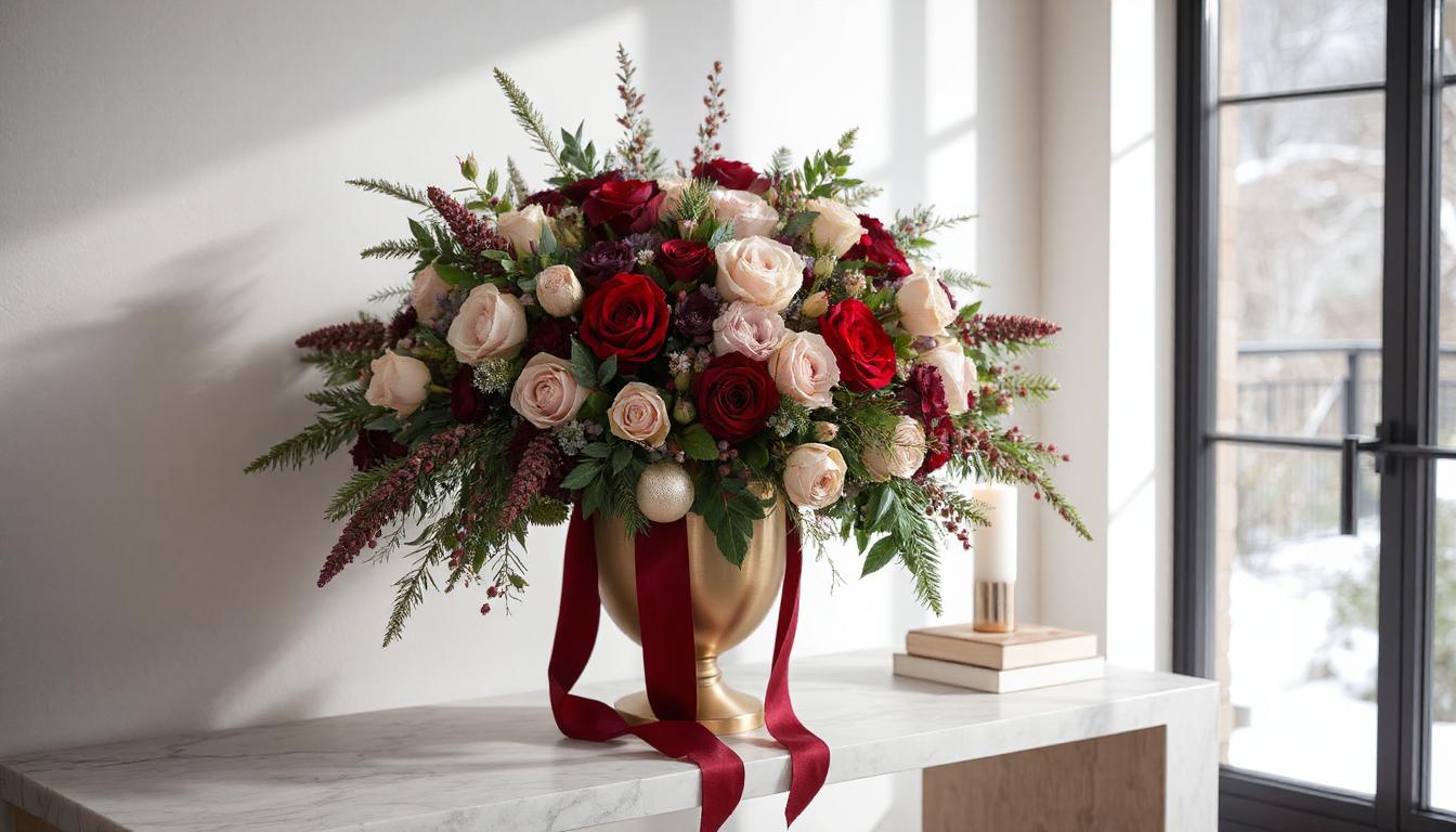 A modern winter floral arrangement in a gold urn sits on a minimalist marble console, filled with jewel-tone blooms, winter greenery, red berries, and frosted accents. Soft window light and warm decor create a sophisticated, festive atmosphere.
