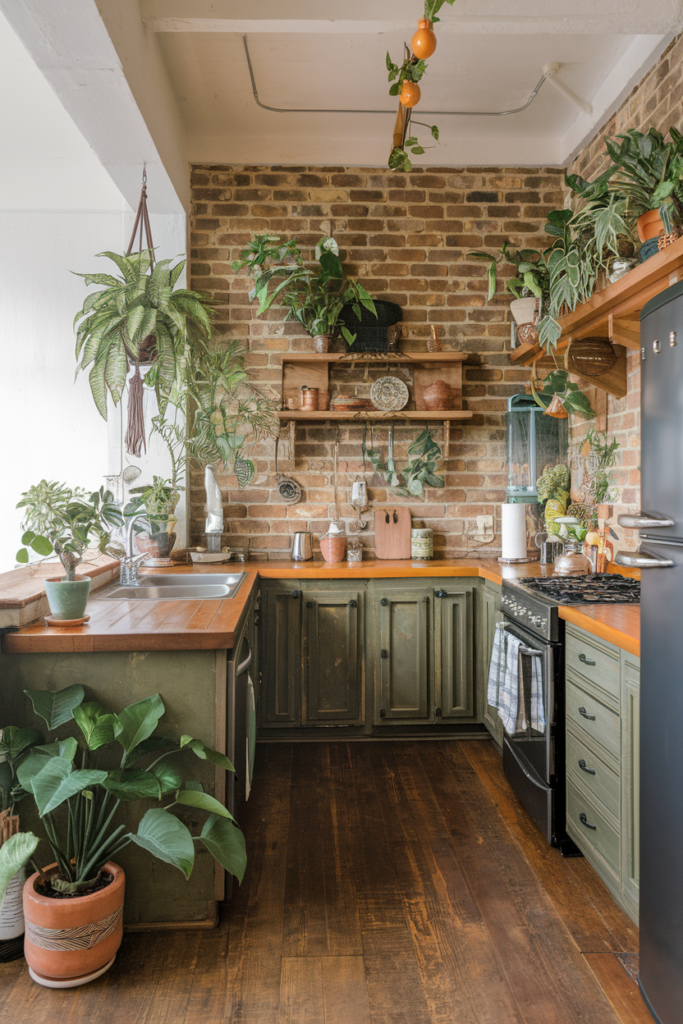 Greenery theme kitchen with a variety of plants.