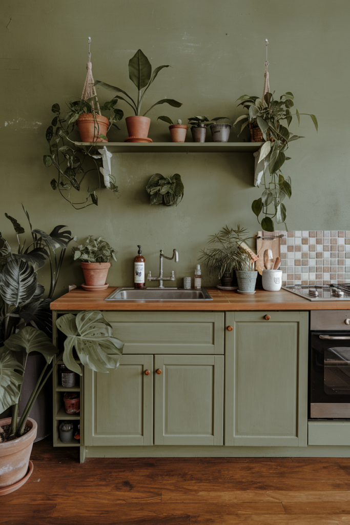 Jungle inspired open shelving kitchen