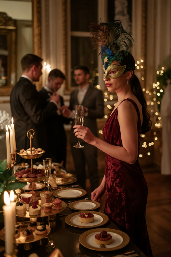 Masquerade ball New Year party at home featuring elegant guests in formal attire wearing decorative masks, a festive table with gourmet food and champagne, and dramatic black and gold decor in a stylish living room.