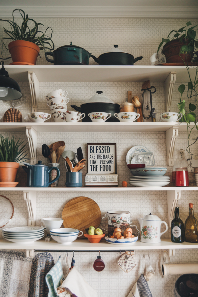 Vintage Teacups display on Open Shelf