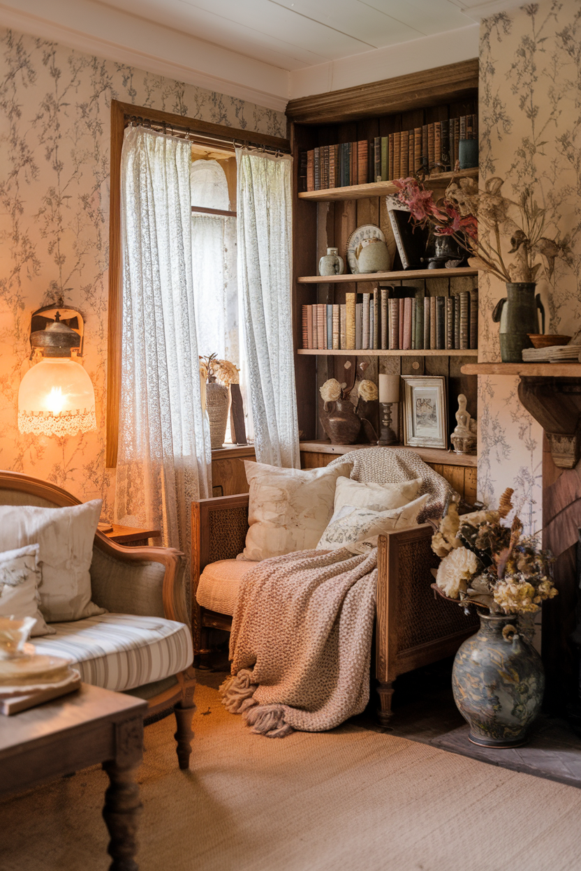 Cottagecore Livingroom with Vintage Bookrack