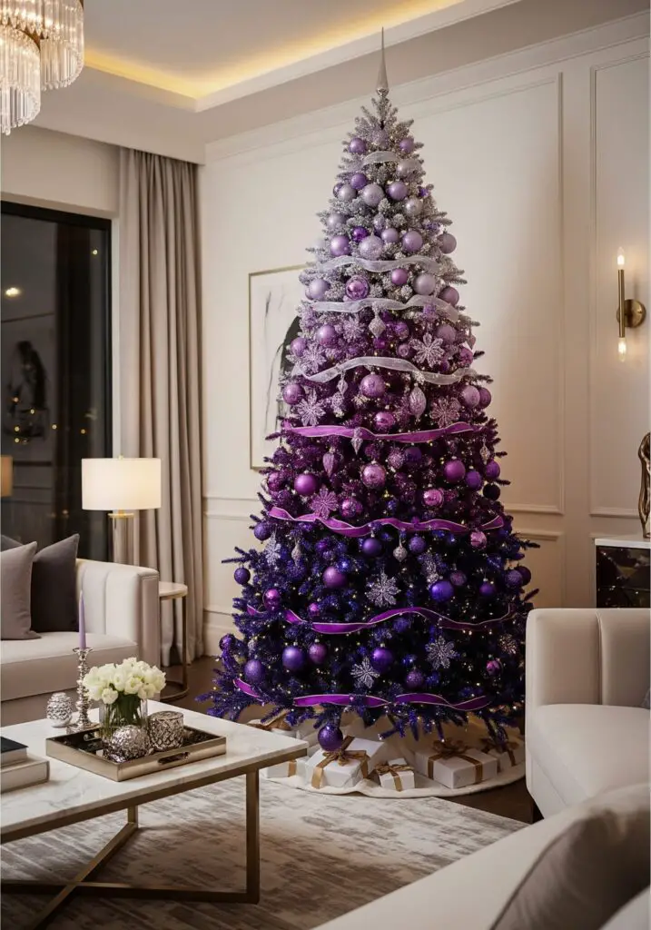 Modern luxe living room decorated for Christmas, featuring a statement Christmas tree with ombre purple ornaments that transition from light lavender at the top to deep plum at the bottom, creating a dramatic gradient effect, surrounded by elegant holiday décor and soft ambient lighting.