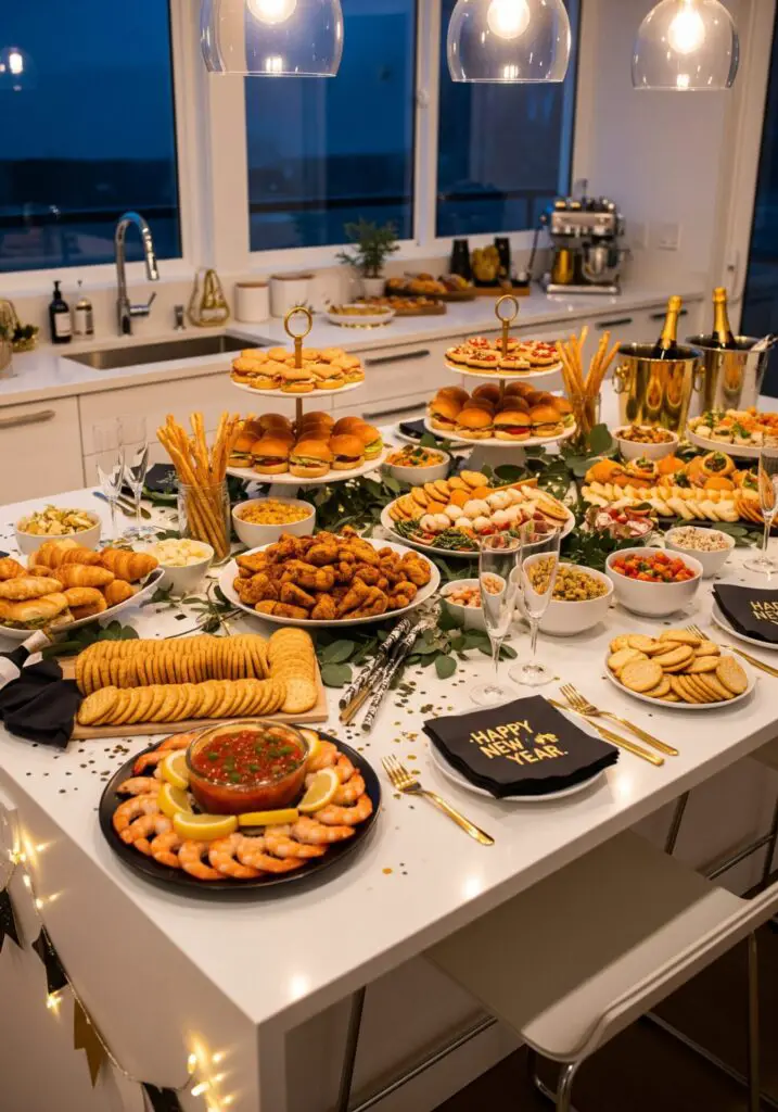 **Alt text:**

Evening New Year’s Eve kitchen island styled as an elegant potluck spread, featuring abundant platters of shrimp cocktail, mini sandwiches, grilled chicken skewers, croissants, dips, crackers, and seafood, arranged on tiered stands and white serving bowls, accented with greenery, candles, subtle gold New Year decor, and warm ambient lighting in a modern white kitchen.
