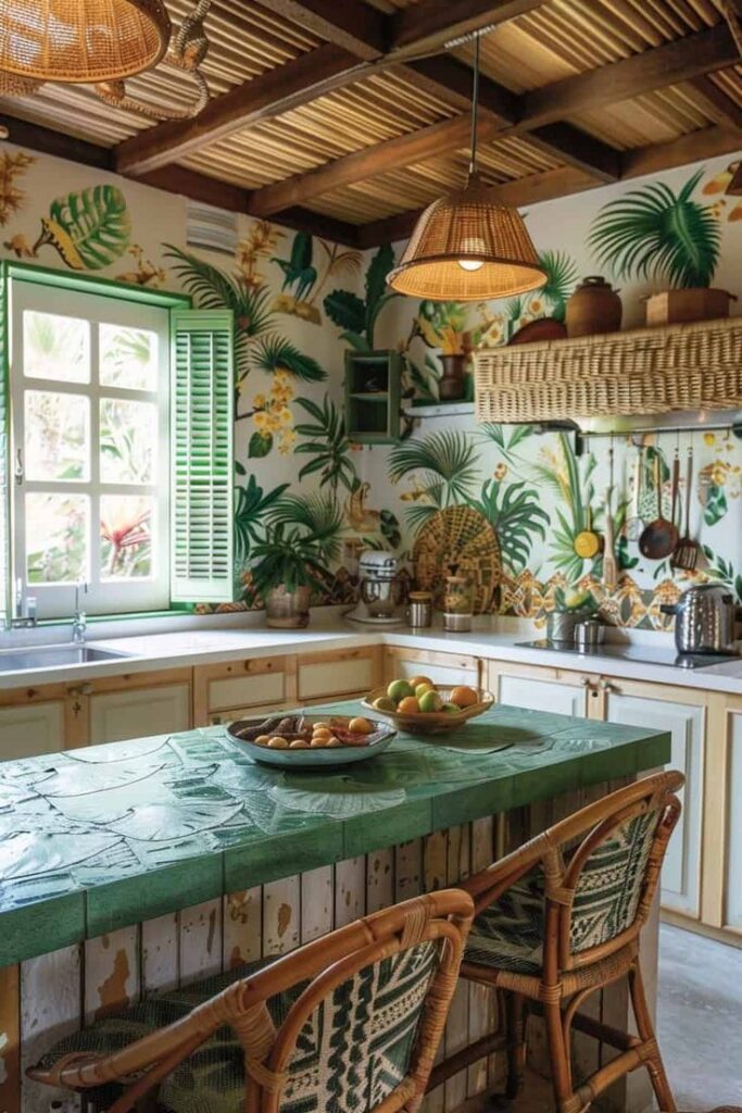 Jungle theme kitchen with rattan furniture