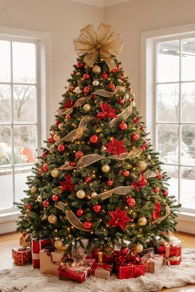 Lush Christmas tree in red and gold with large metallic bow topper and velvet poinsettias — tree idea.
