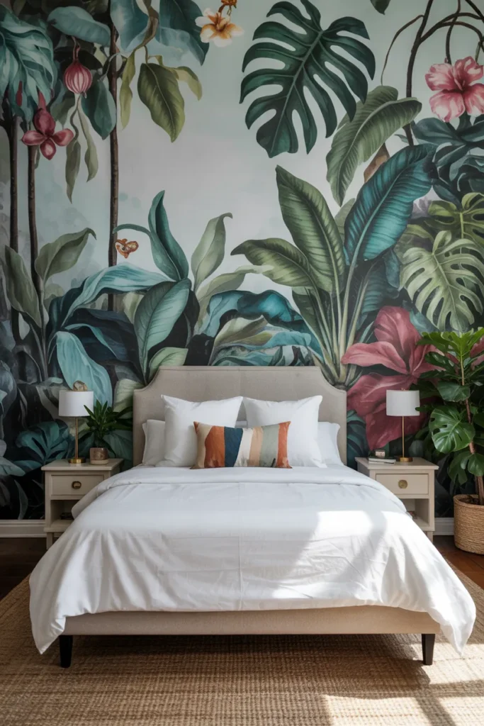 Bedroom with a bold tropical floral peel-and-stick statement wall behind a neutral upholstered headboard, crisp bedding, wooden nightstands with pendant lights, and potted plants, showing a fresh, modern makeover.