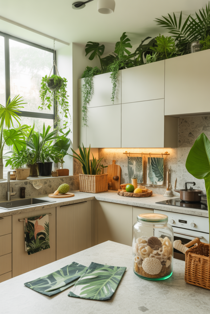 Modern kitchen styled as a lush jungle oasis with tropical plants, woven baskets, botanical print towels, and a clear jar of seashells, combining sleek cabinetry and bright natural light for an exotic tropical theme.