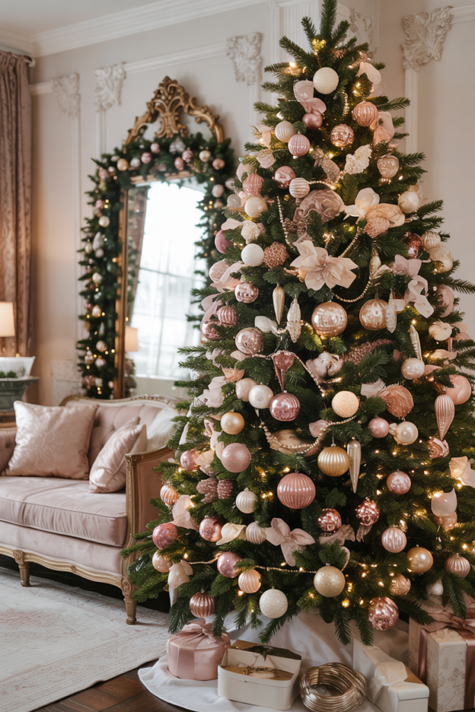 Elegant close-up of a vintage glam Christmas tree decorated with blush pink, champagne, and pearl ornaments, featuring glass baubles, beaded garlands, delicate ribbons, snowflake charms, and heirloom-style decorations on lush green branches.