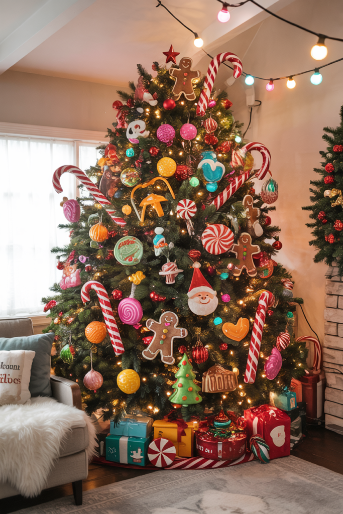Whimsical Wonderland Christmas tree decorated with oversized candy canes, gingerbread characters, Santa ornaments, and colorful lights in a playful family living room.