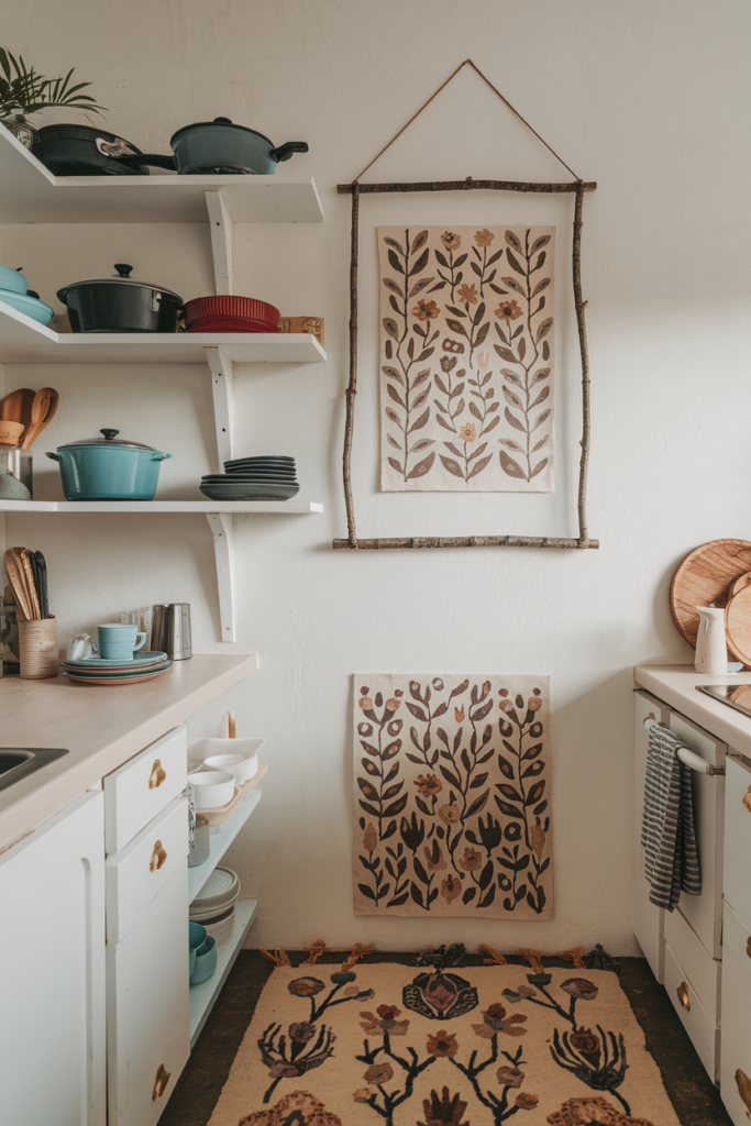 Bohemian inspired artwork in open shelving kitchen 