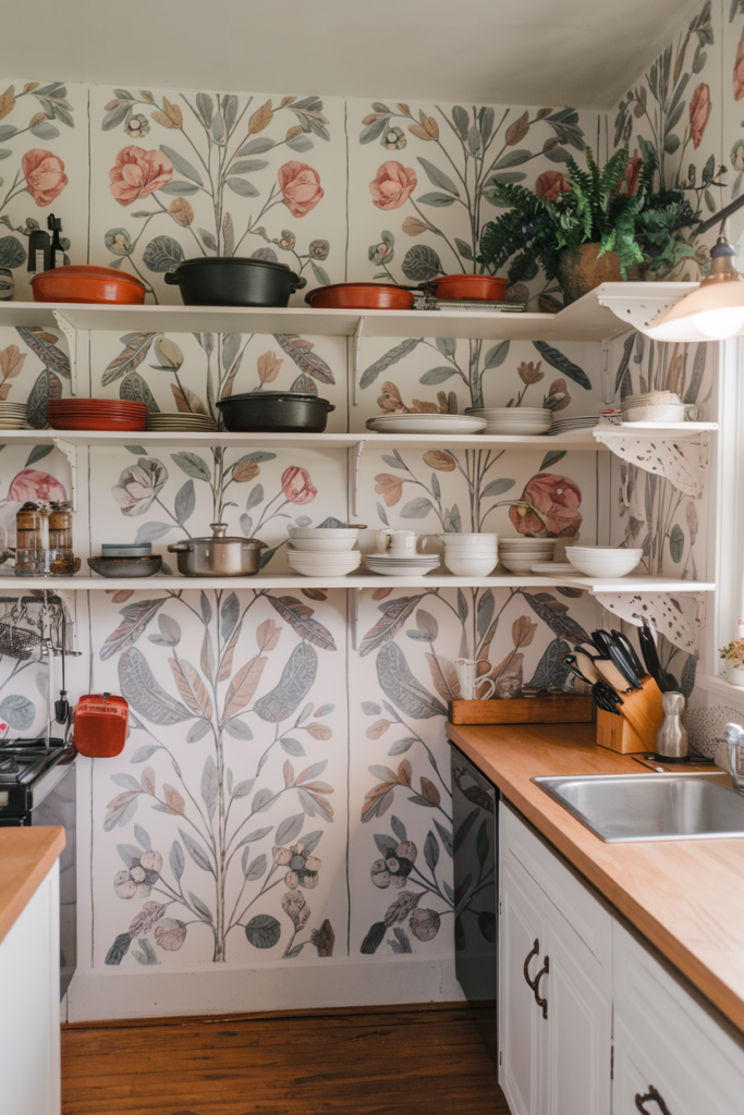 Bohemian Inspired wallpaper in an open shelve kitchen