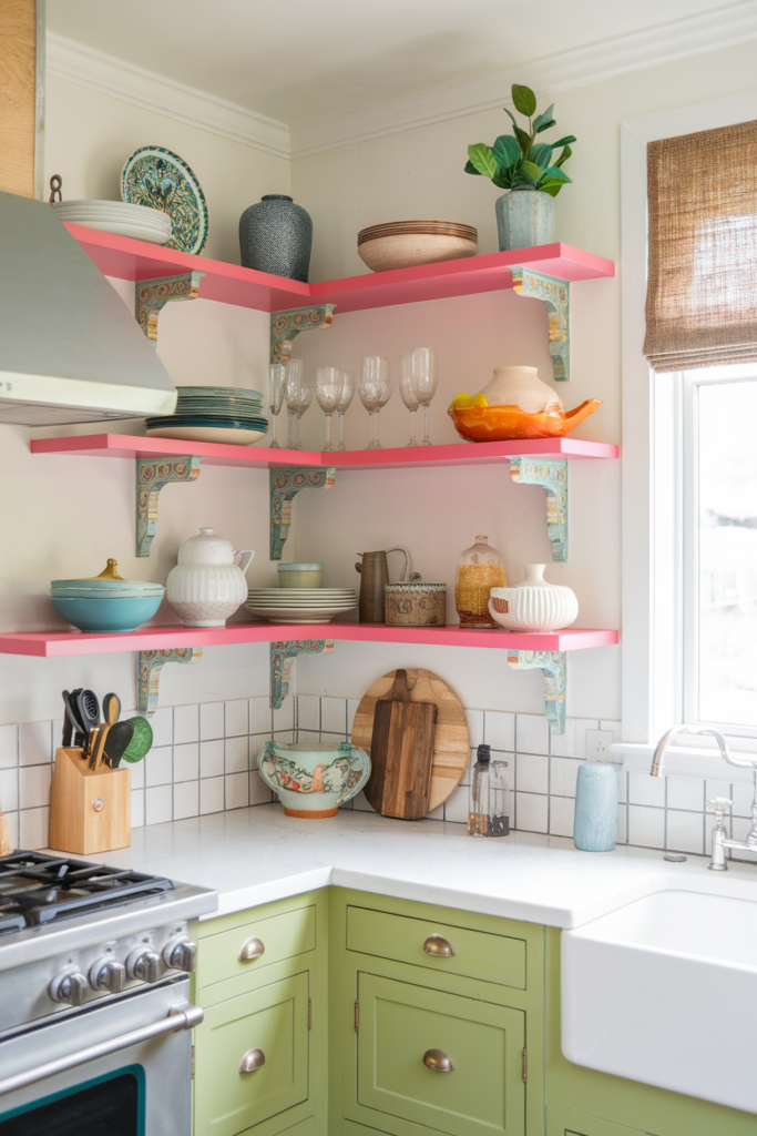 Colorfully Painted Open Shelving Kitchen