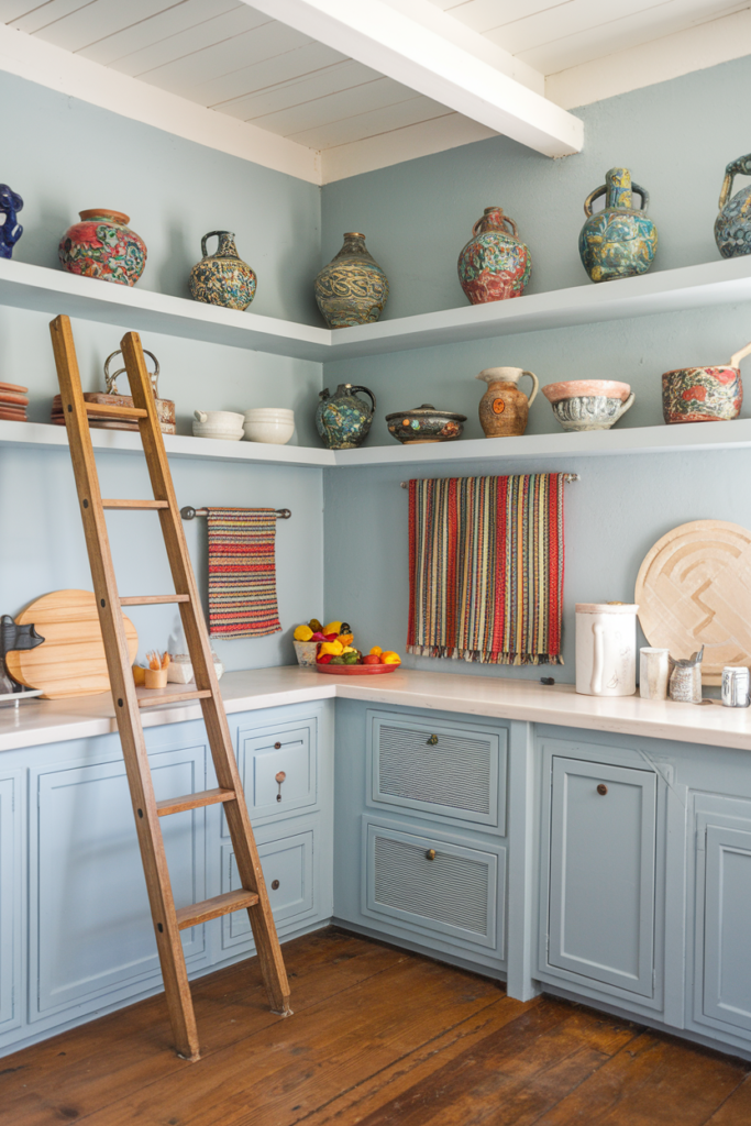 Colorful Pottery and Textiles in Open Shelving Kitchen