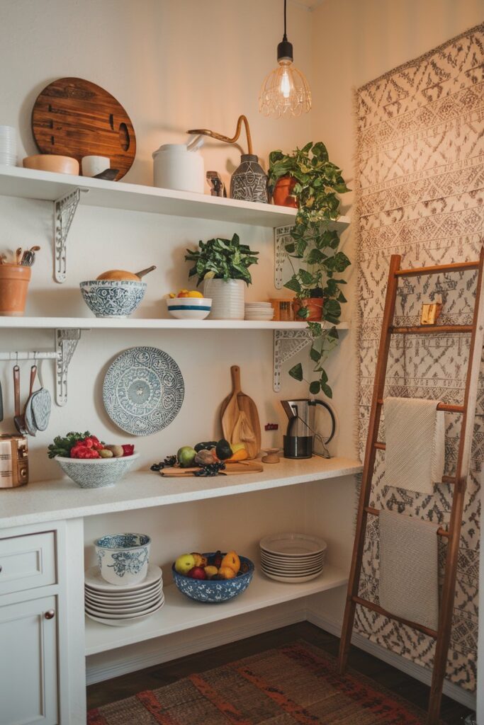 Decorative bowls are displays in the kitchen shelves