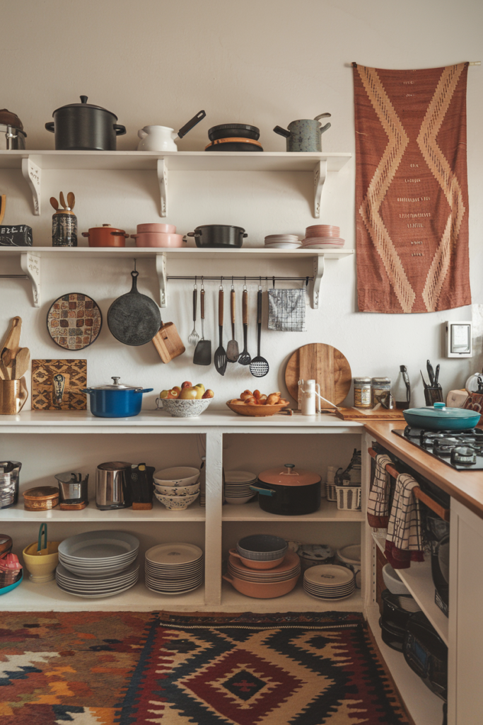 Open shelving kitchen decorated with Ethnic textiles