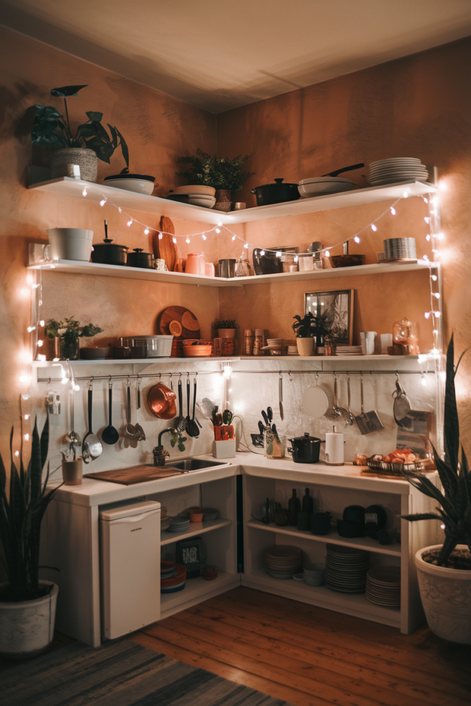 Fairy Lights in the open shelving kitchen