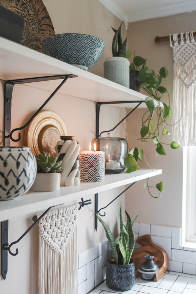 Bowls with geometric pattern is displays in the kitchen shelf