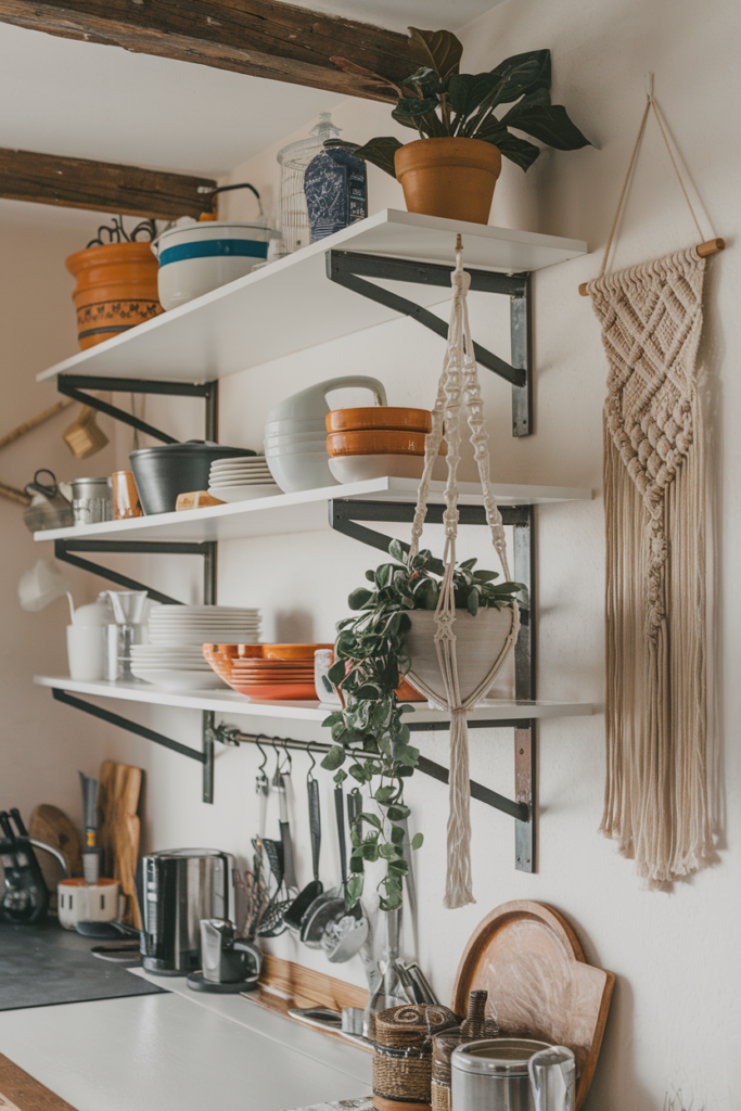 Open Shelving Kitchen Decorated with Macrame Hangers