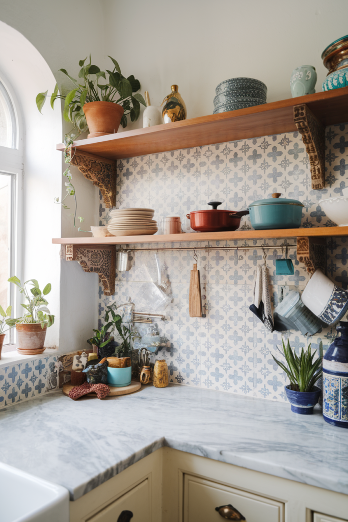 Open Shelving Kitchen with Moroccan tile Backsplash