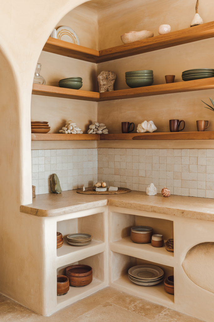 Open Shelving Kitchen Decorated with natural elements like crystals