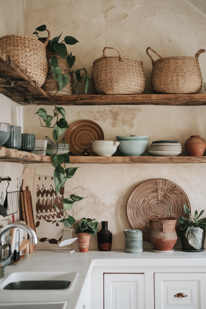 Rustic Wood and Woven Baskets in Open Shelving Kitchen