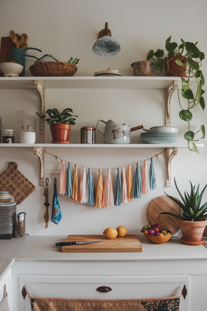 Kitchen Decorated with a colorful tassel garland