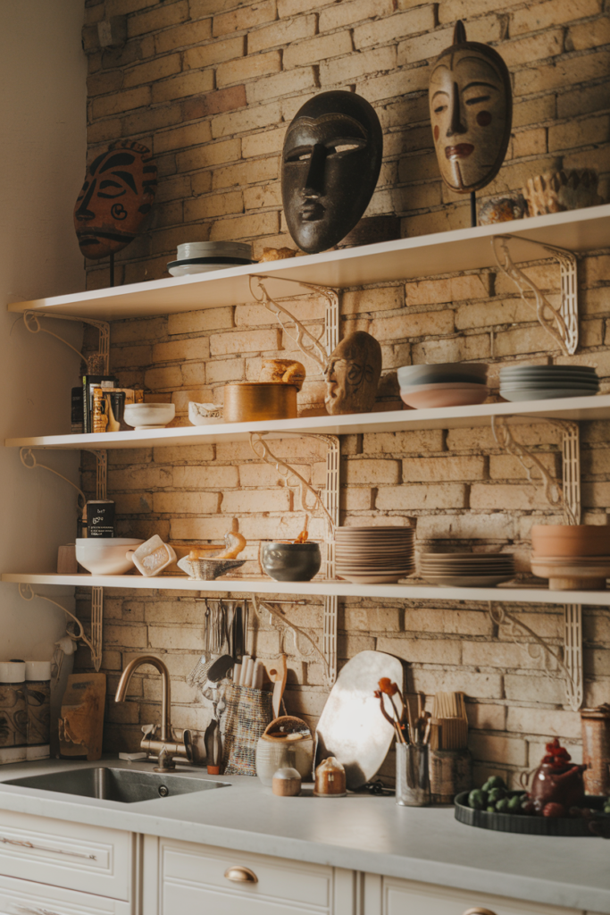 Tribal masks in open shelving kitchen