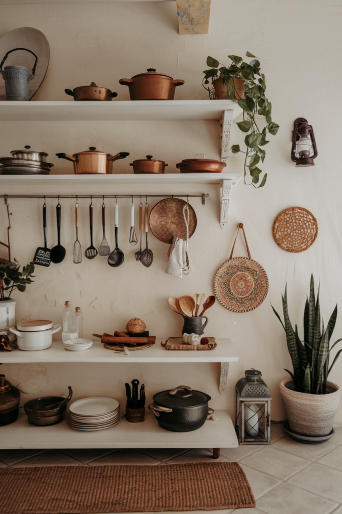 Boho Rug in Open Shelving Kitchen