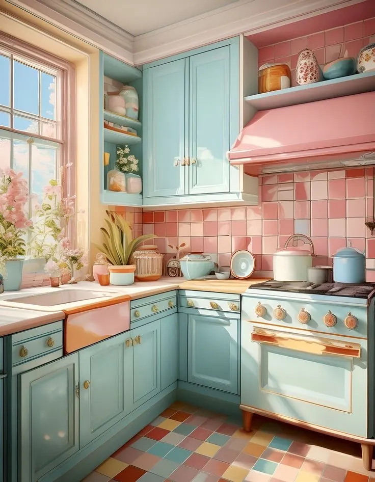 Pastel Pink Backsplash in Vintage Kitchen