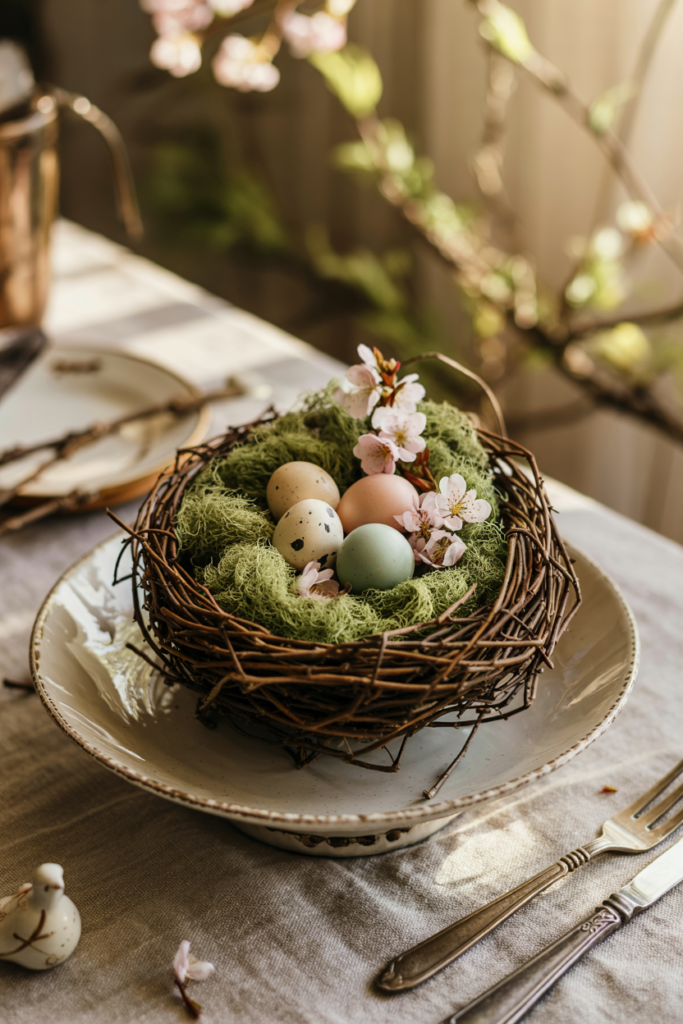 Close-up of a spring bird’s-nest centerpiece: a grapevine nest lined with moss holding speckled pastel eggs, displayed on an antique cake stand with loose petals and soft morning light.