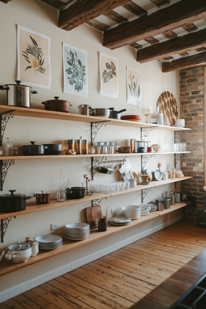 Open Shelving Kitchen Decorated with Botanical Prints