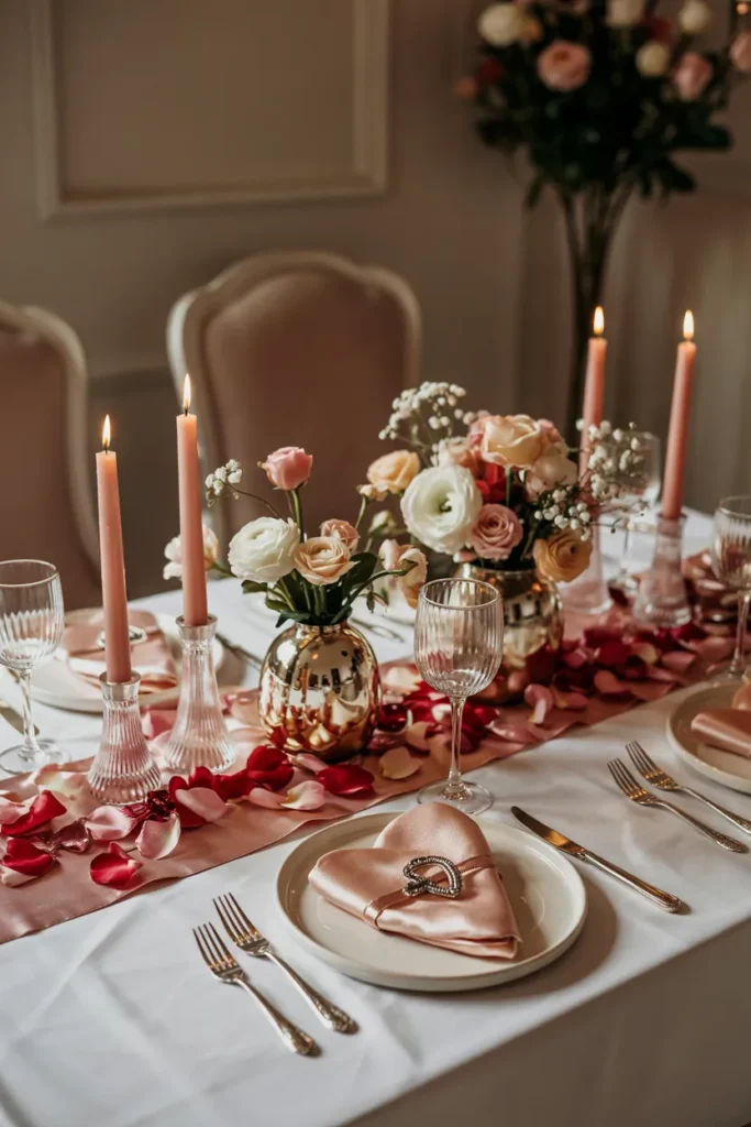A romantic Valentine’s Day dining table with a white tablecloth, rose petal runner, tapered candles in crystal holders, heart-shaped napkins with vintage brooches, a fresh floral centerpiece in mercury glass vases, and chocolate treats at each place setting.