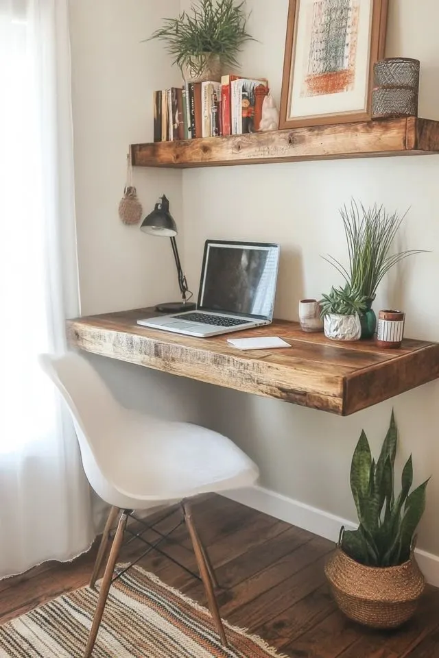 Work Setup with Floating shelves and Table