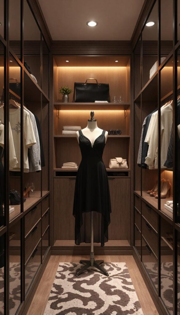 Luxury Walk-in Closet with a dress display on s Mannequin