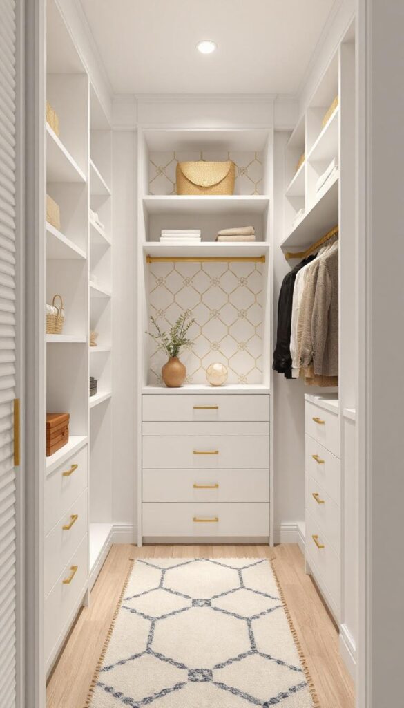 White color Walk in closet with geometric pattern statement wall in gold accent