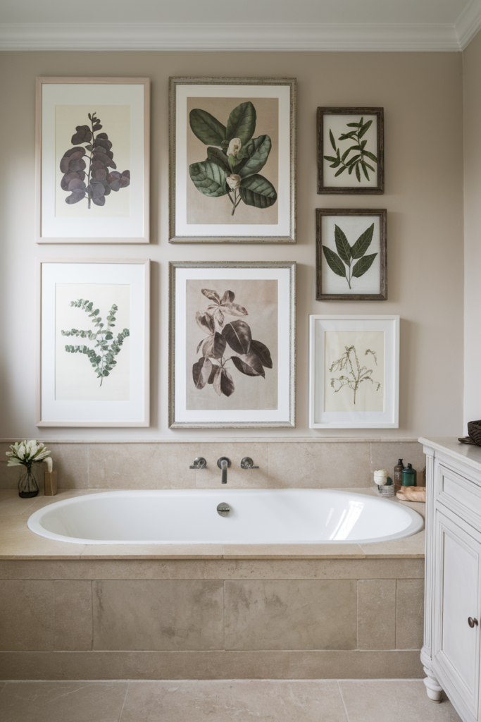 Bathroom Gallery wall with botanical prints