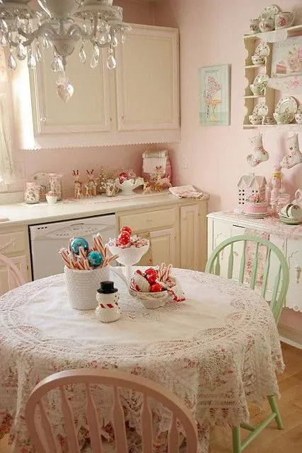 Vintage Lace Table Cloth in a Dolled Up Kitchen