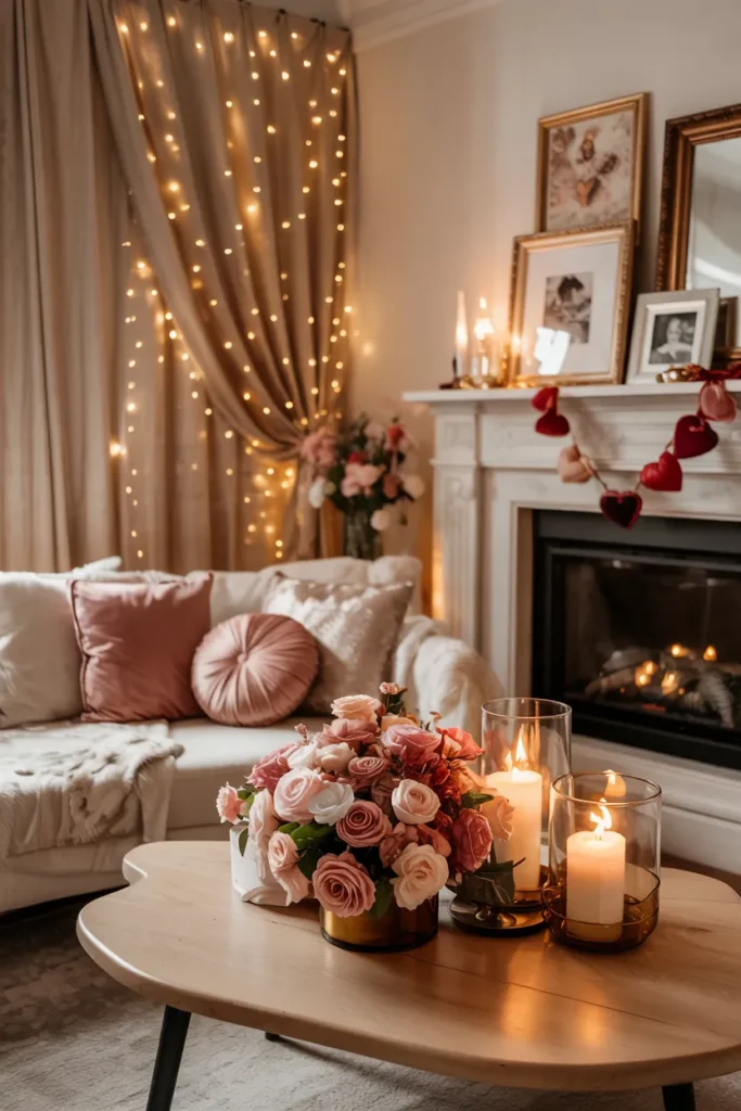 Modern luxe living room decorated for Valentine’s Day with candles, heart pillows, rose-gold frames, fairy lights, floral centerpiece, and a warm romantic ambiance in soft golden lighting.