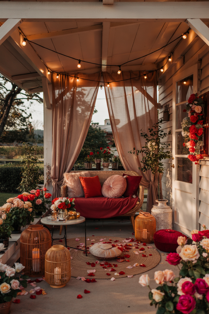 Romantic Valentine’s Day porch decorated with red and blush seating, sheer pink curtains, lanterns with candles, rose petals, blooming red flowers, and crisscross string lights glowing at sunset.