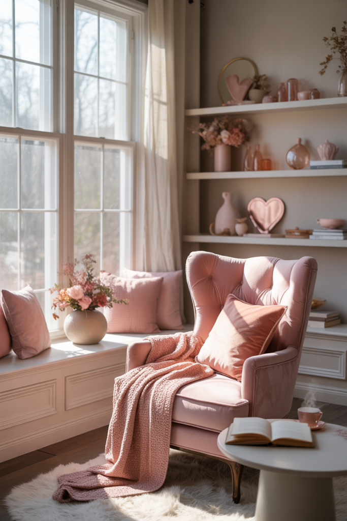 Blush-pink reading nook with a velvet armchair, layered pillows, knit throw, and flowers by a sunlit window — warm, romantic Valentine’s Day decor.