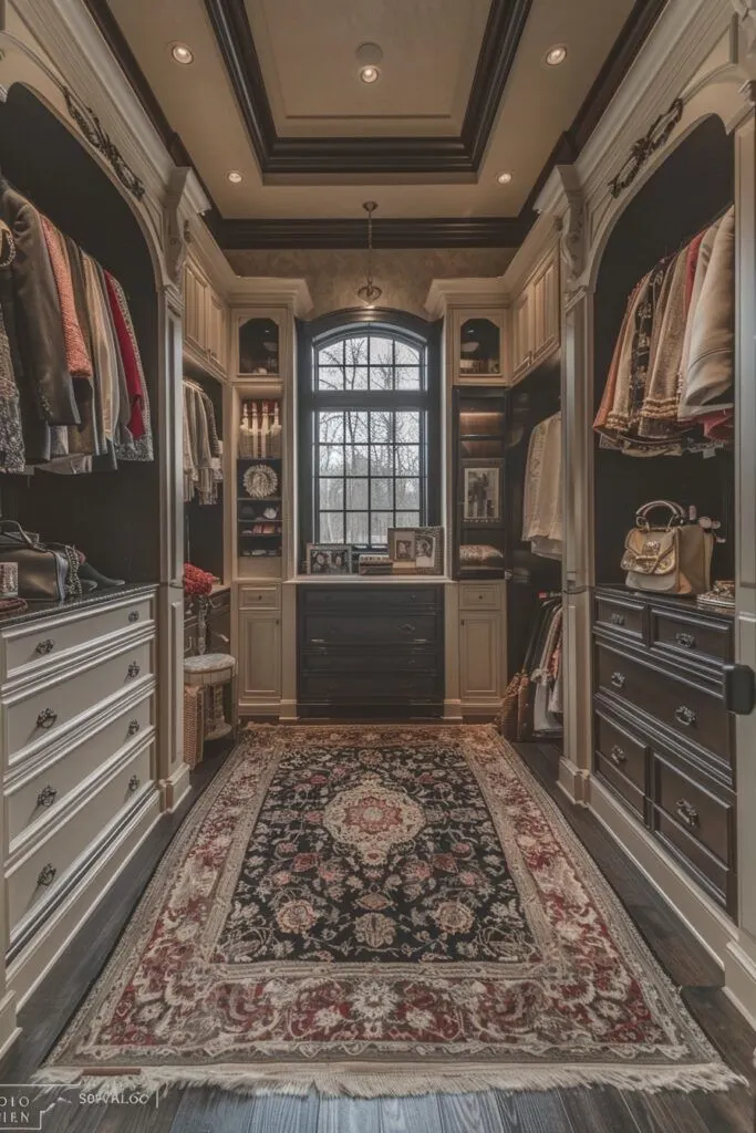 Walk in closet styled with a Turkish textured rug