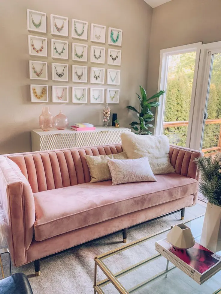 Pink Velvet Sofa in a Living Room