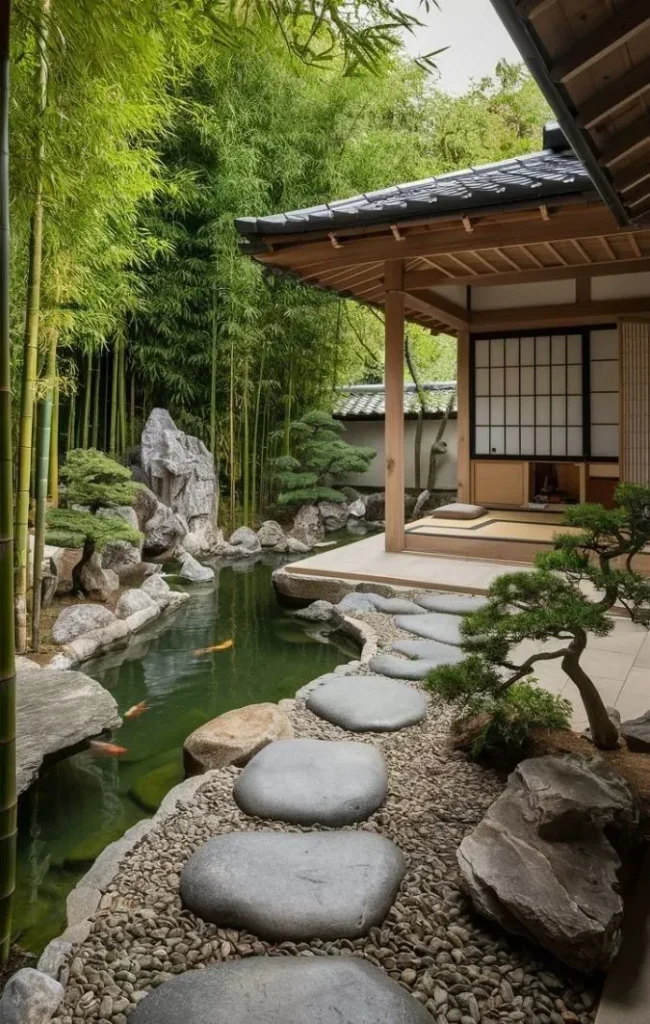 Japanese Style Patio with a Koi Pond