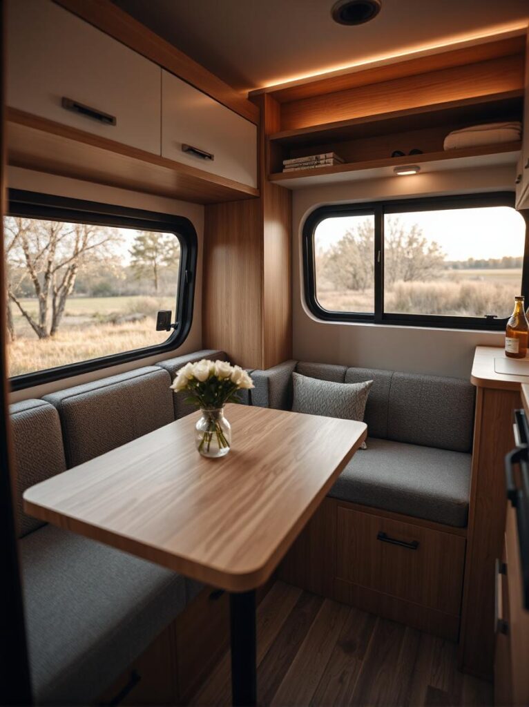 Drop Leaf Dining Table Set up at the corner of a RV Camper